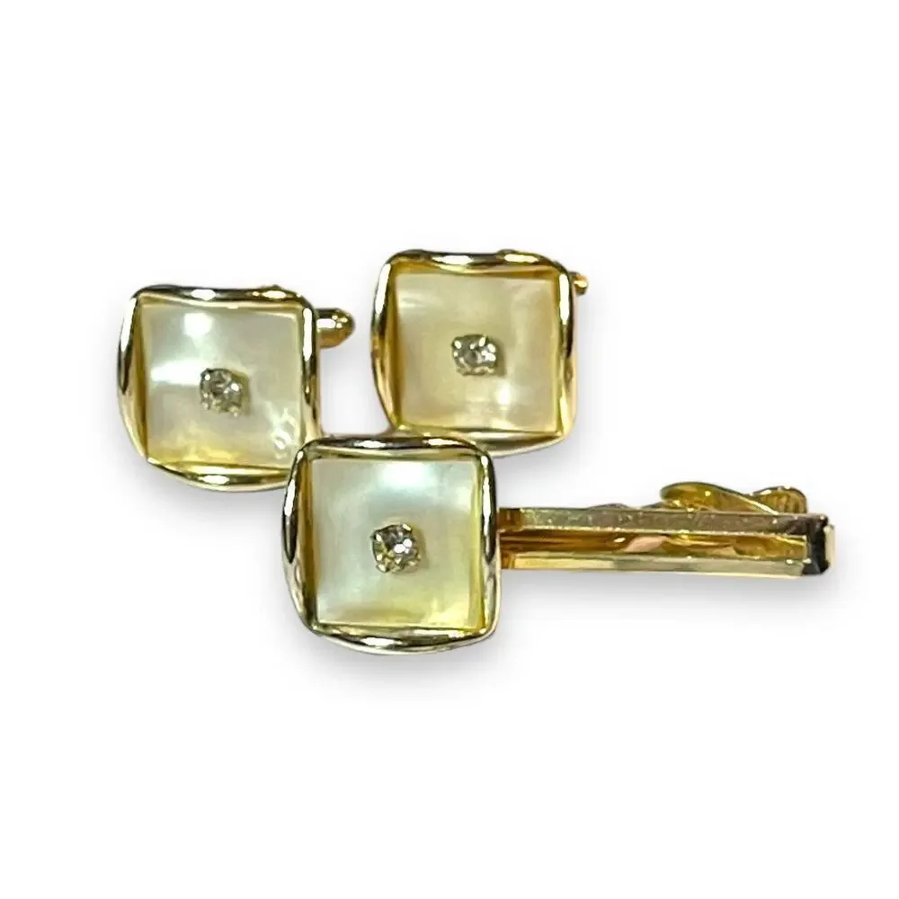Vintage Cufflinks and Tie Bar Gold Tone Mother of Pearl Rhinestone Wave Edge